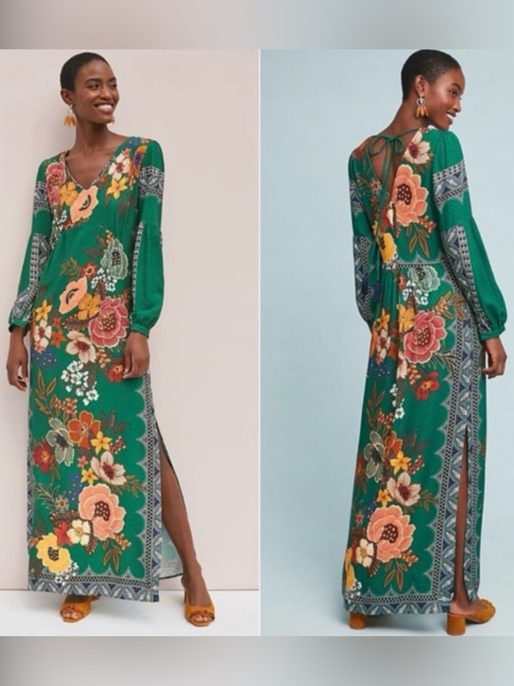No longer avail Farm Rio Anthropologie Verdor Emerald Green Floral Maxi Dress
